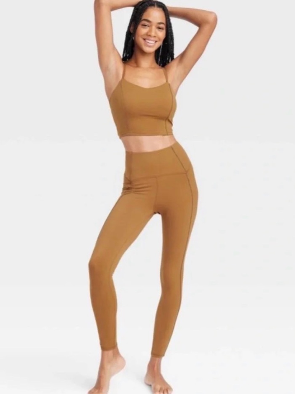 JoyLab Top & High-Rise Seamless Legging in Camel Brown w/ Metallic Piping Stripe